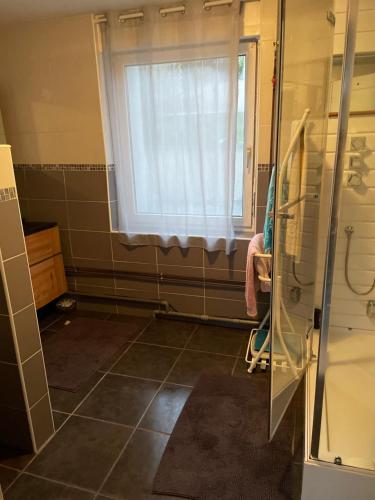 uma casa de banho com um chuveiro, uma janela e um lavatório. em chambre violette coté aéroport calme charmante em Pusignan