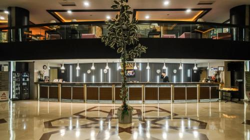 a lobby with a vase with a plant in it at Suhan Cappadocia Hotel & Spa in Avanos