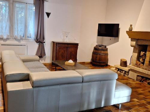 a living room with a couch and a tv at La Maison du Moulin de Tartay in Avignon
