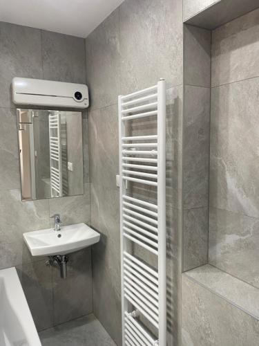 La salle de bains est pourvue d'un lavabo, d'un miroir et d'une douche. dans l'établissement Rodinný dom Auris, à Piešťany