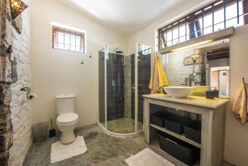 a bathroom with a shower and a toilet and a sink at Quaint 4-bedroom Beach Villa in a fishing village in Grand Gaube