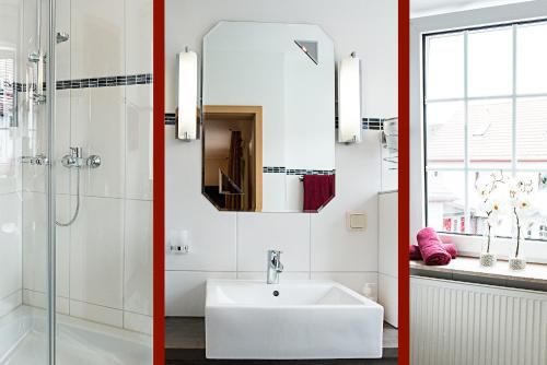 two images of a bathroom with a sink and a mirror at Haus Anna an der Stadtmauer in Hanau am Main