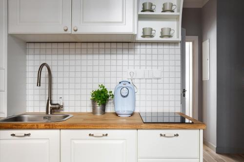 una cucina con lavandino e un apparecchio blu su un bancone di Too-Good Apartments a Cracovia