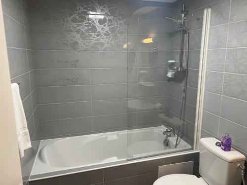 a bathroom with a bath tub and a toilet at Armor Hotel in Compiègne