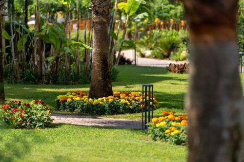 a park with a bunch of flowers and a tree at Club Tuana Fethiye - All Inclusive in Fethiye