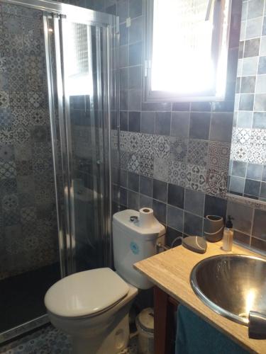 een badkamer met een toilet, een douche en een wastafel bij Homenfun Madrid Villaverde Bajo in Madrid