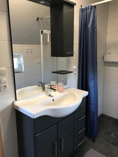 a bathroom with a sink and a mirror at Ferienwohnung Nordmoor in Blomberg