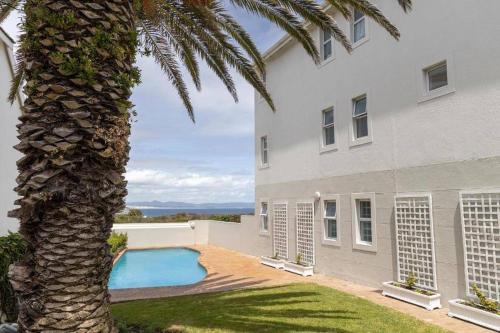 a palm tree next to a building with a swimming pool at Seaside Serenity: Tranquil Oceanview Retreat in Hermanus