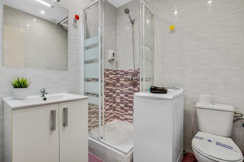 a bathroom with a shower and a toilet and a sink at Castellano de SteraM Flats Torremolinos in Torremolinos