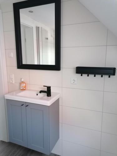 a bathroom with a sink and a mirror at Ferienwohnung Mühlenblick in Großheide
