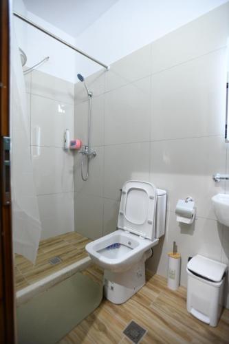 a white bathroom with a toilet and a shower at Guest House Luli in Berat
