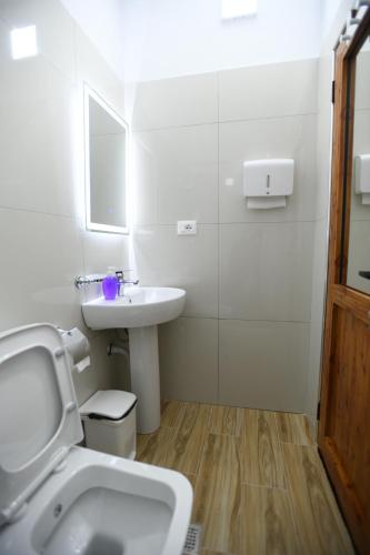 a white bathroom with a sink and a toilet at Guest House Luli in Berat
