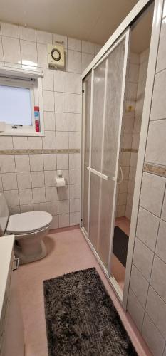 uma casa de banho com um chuveiro, um WC e um tapete em Nordskogveien 12b em Båtsfjord