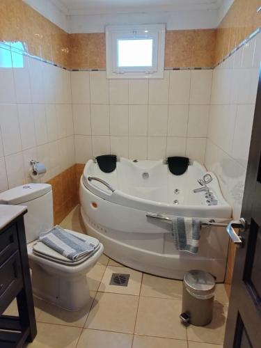 a bathroom with a tub and a toilet and a window at Pozar Salt Cave Hotel Spa in Kato Loutraki