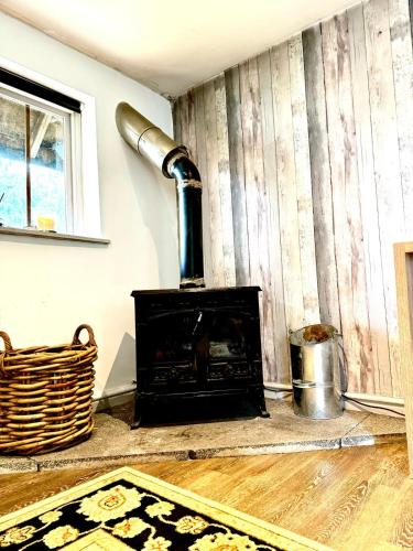 a fireplace in a room with a wooden wall at Stable boys cottage in Sedgeberrow