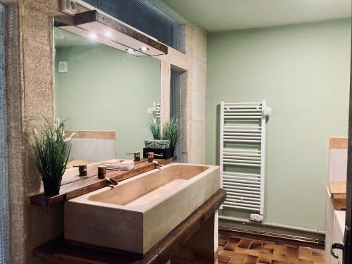 a bathroom with a large sink and a mirror at Chambre avec salle de bain privée dans une maison de campagne in Laruscade