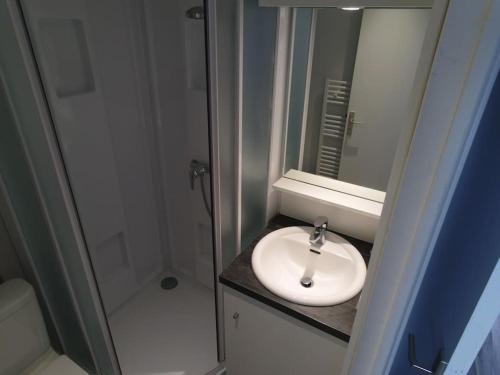 une salle de bain avec un lavabo blanc et une douche dans l'établissement Appart plein sud face VUE MAGNIFIQUE : Ile d'Artz, à La Bernerie-en-Retz