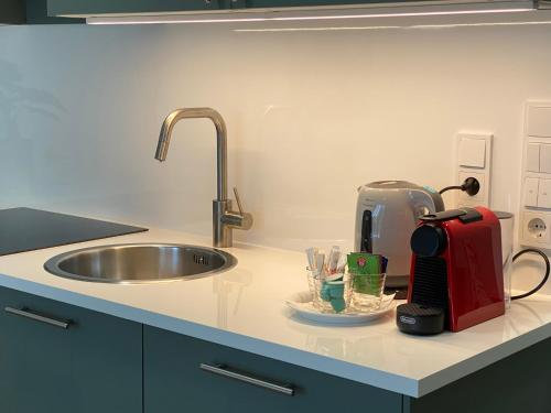 a kitchen counter top with a sink and a kitchen counter sidx sidx sidx at Ebelsberger Terrassen in Linz