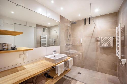ein Bad mit einem Waschbecken und einer Dusche in der Unterkunft Stoana Apt 1-1 in San Giacomo