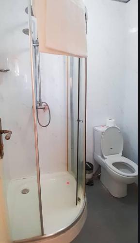 ein Bad mit einer Dusche und einem WC in der Unterkunft Bienvenue in Accra