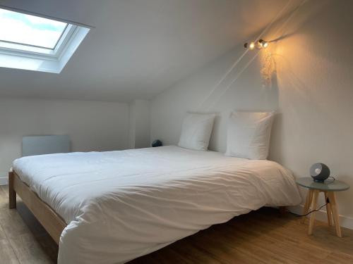 une chambre avec un grand lit blanc avec une fenêtre dans l'établissement LES COSYS SAINT ANNE, à Nancy