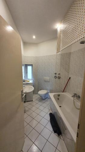 een badkamer met een bad, een toilet en een wastafel bij RB Unterkünfte IV in Maagdenburg