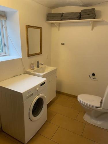 a bathroom with a washing machine and a toilet at Hyggeligt gæstehus in Kjellerup