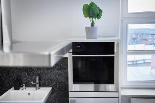 La cuisine est équipée d'un évier et d'un four micro-ondes. dans l'établissement IDEE Living: Design-Apartment- Netflix - 6 Pers, à Mannheim
