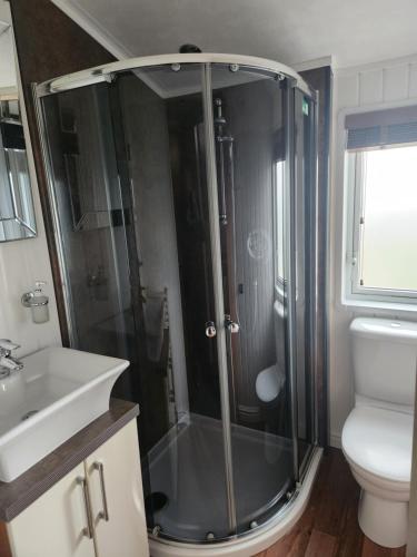 a bathroom with a shower with a sink and a toilet at Hesket caravan park Plot Number 7 STRICTLY NOT FOR COMMERCIAL USE in High Hesket