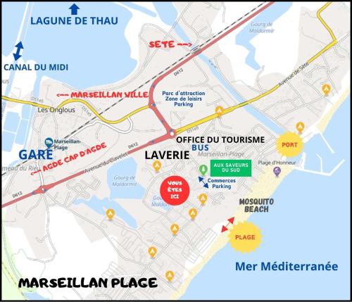 Résidence Le SUNSET Marseillan-plage, entre mer et lagune de Thau, étape vélo, famille, couple, VRP, toutou admis, jardin, parking privé gratuit, vélos, Clim, WIFI fibre gratuite, commodités, plage et piste cyclable à proximité, 6 couchages nous contacter