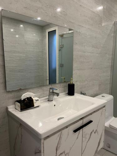 ein Bad mit einem Waschbecken und einem Spiegel in der Unterkunft بيت عطلات مفروش بالخبر in Khobar