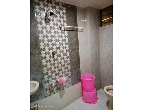 a bathroom with a shower with a pink bucket at Hotel Shiv Sadan, Somnath in Somnath