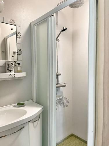 a white bathroom with a sink and a mirror at Country house with sea view near Hovs Hallar in Båstad