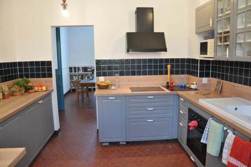 une cuisine avec des armoires bleues et un évier dans l'établissement Maison entière avec un grand jardin à 15 min du centre en transports: bienvenue à QG Marseille !, à Marseille