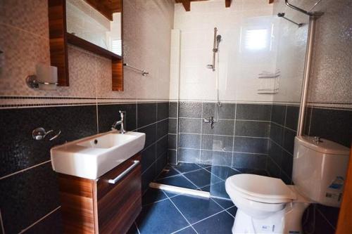 a bathroom with a sink and a toilet and a shower at Kilim Kaya Villas in Kınalı