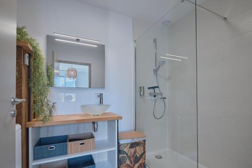une salle de bain avec un lavabo et une douche dans l'établissement La Petite Maison Cocooning - De plain pied, à Mésanger