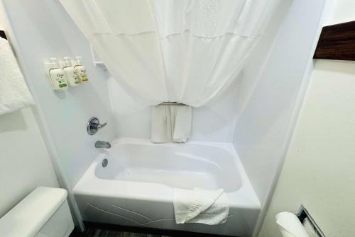 a small white bathroom with a tub and a shower curtain at Ramada by Wyndham San Diego Airport in San Diego