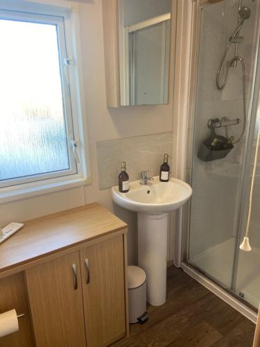 a bathroom with a sink and a shower at Cate's Cozy Cabin- Strictly Not For Commercial Use in Carlisle