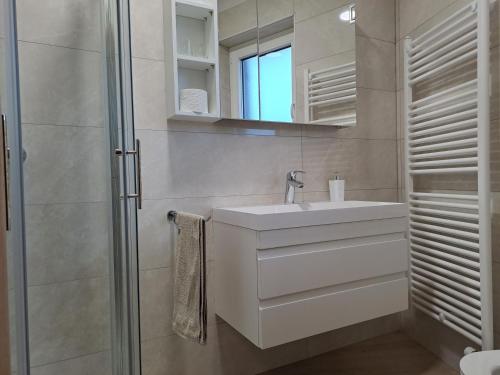 a white bathroom with a sink and a shower at Apartma Čuk in Dutovlje
