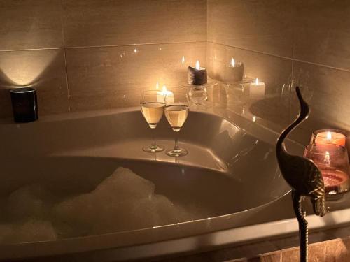a bird standing in a bath tub with wine glasses at Kwatera Kryształowa 