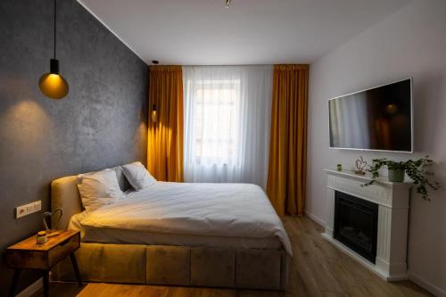 a bedroom with a bed and a tv and a fireplace at Cozy Studio in Sibiu