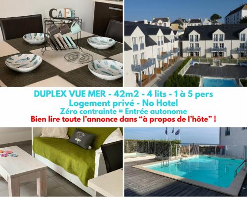 un collage de trois photos d'un appartement dans l'établissement DUPLEX VUE MER - Plage à 100m- 4 lits - Parking sous sol, à Audierne