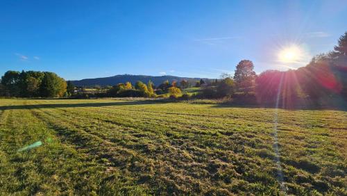 an open field with the sun in the background at Panorama Chlum Resort - Apartmán 2kk, 701 in Volary