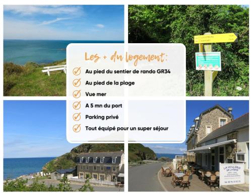 a collage of photos of a hotel and the ocean at Appart vue mer-au pied du chemin de randonnée " Bassan" in Planguenoual