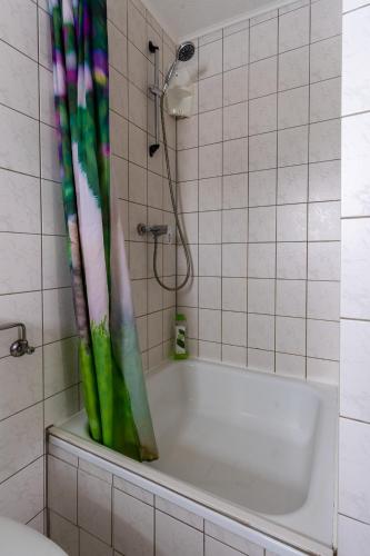 a bath tub with a shower curtain in a bathroom at Monteurapartment 7 in Rodgau