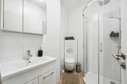 uma casa de banho com um WC, um lavatório e um chuveiro em SC01 Großes Apartment bei FFM! em Mörfelden-Walldorf