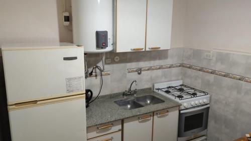 a kitchen with a white refrigerator and a sink at Orense in La Rioja