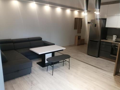 a living room with a couch and a table at Nowoczesny apartament z dużym tarasem, 2 pokoje in Szczecinek