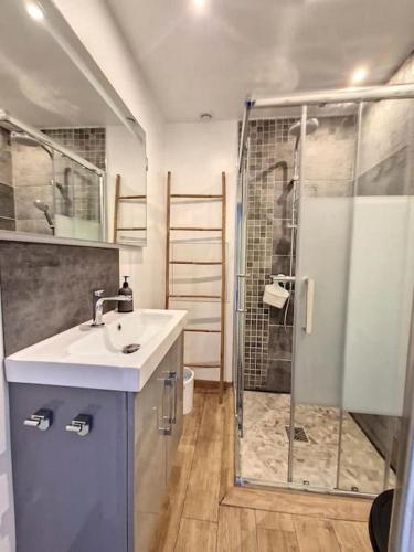 une salle de bain avec un lavabo et une douche dans l'établissement Appartement à 100m de la plage, à Neufchâtel-Hardelot