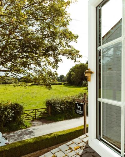 an open door with a view of a field at The Dog in Over Peover in Knutsford
